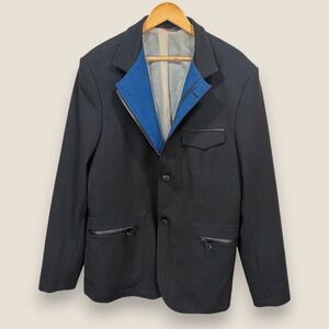 RNT23 Ron Tomson Blazer Jacket Zip Front 2 Button Black Blue Men 3XL 46R